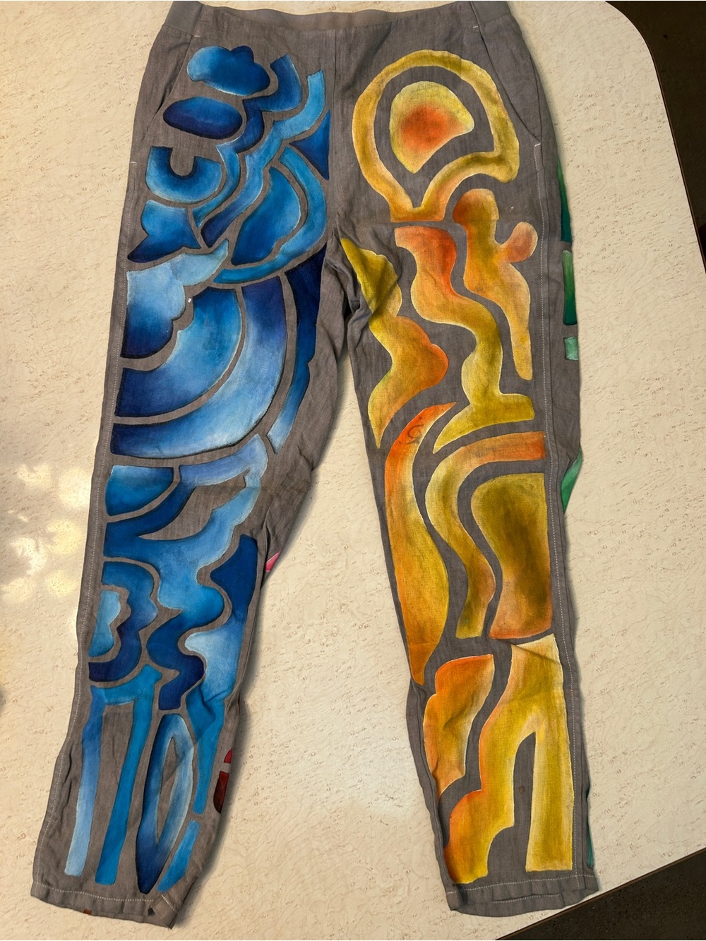 Hand-Painted Abstract Colorblock Pants - Blue & Yellow-Orange Artwork